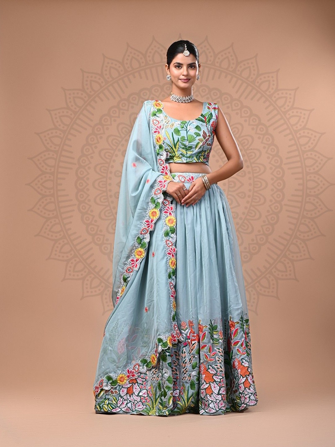 

Futra Gabha Printed Thread Work Ready to Wear Lehenga & Blouse With Dupatta, Grey