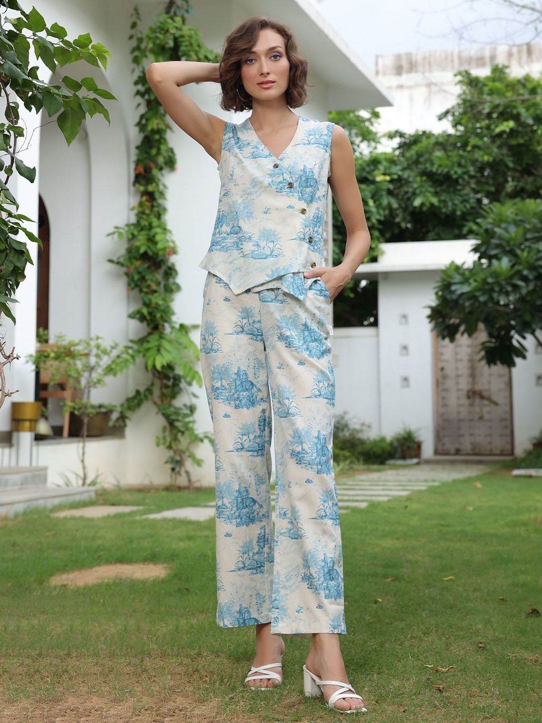 

JISORA Off White Floral Printed V-Neck Pure Cotton Top & Trousers