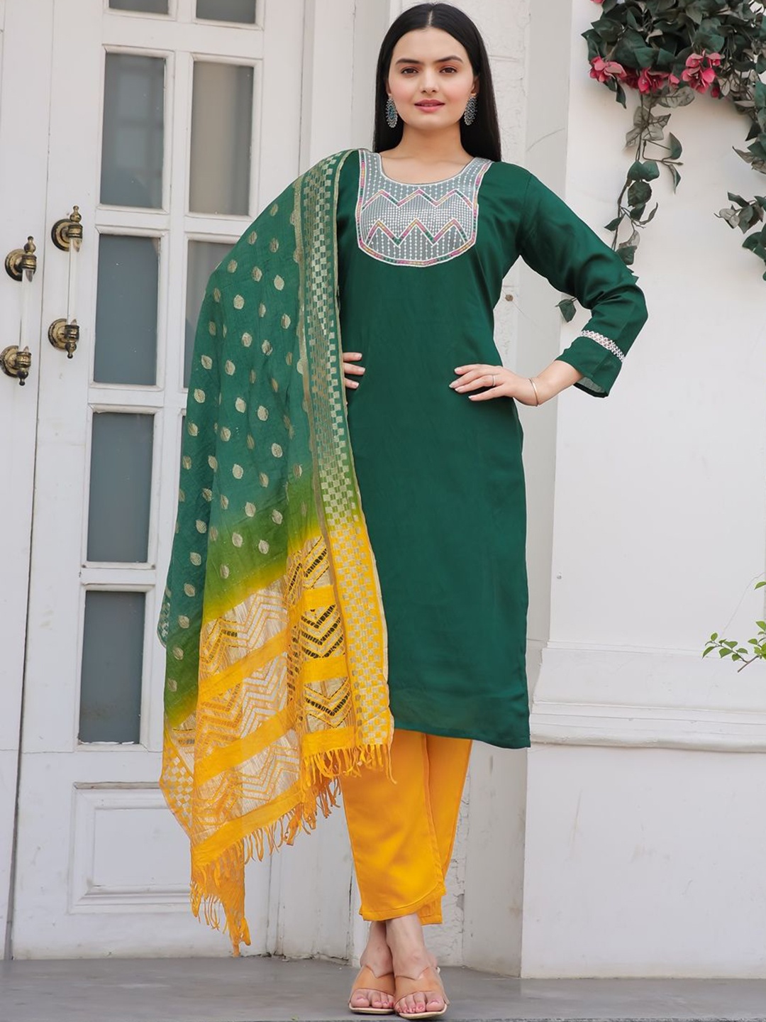 

KALINI Yoke Design Sequinned Kurta With Trousers & Dupatta, Green