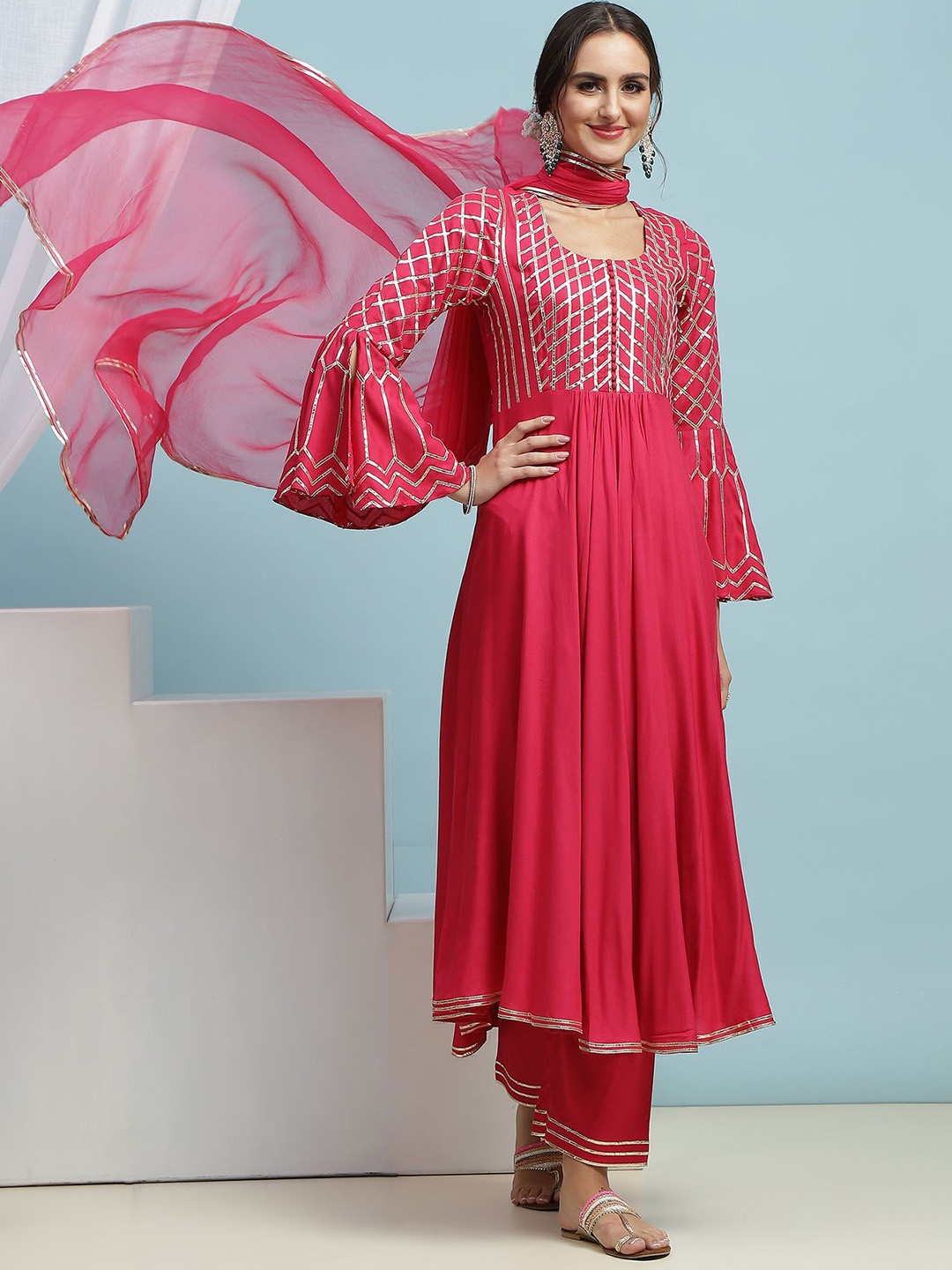 

Khushal K Embroidered Regular Gotta Patti Anarkali Kurta with Palazzos & Dupatta, Pink