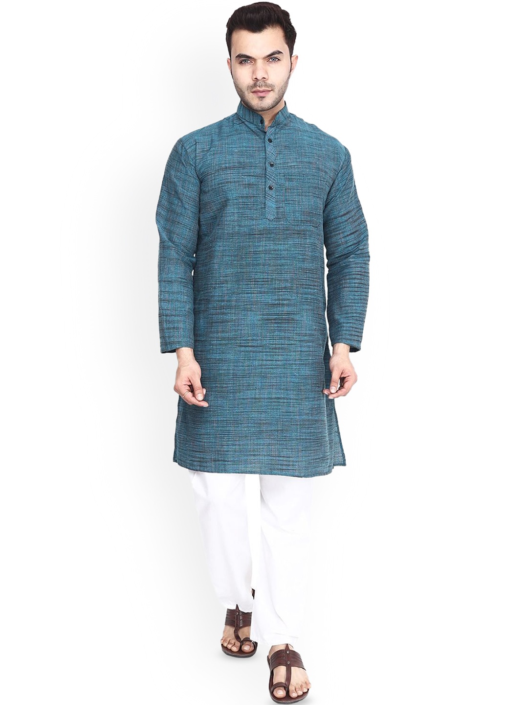 

Aaryavar Striped Band Collar Khadi Cotton Straight Kurta, Teal