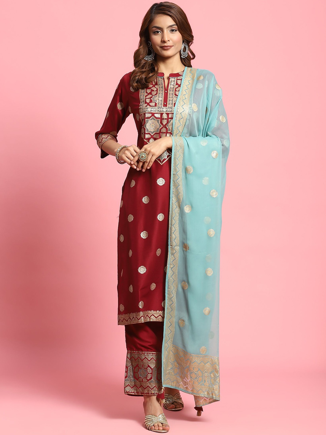 

Shree Floral Printed Straight Kurta & Trousers With Dupatta, Burgundy