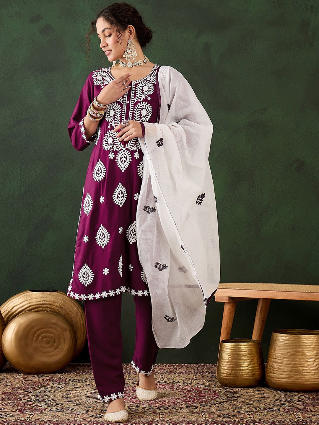 

Sangria Ethnic Motifs Embroidered Thread Work Pure Cotton Kurti with Trousers & Dupatta, Magenta