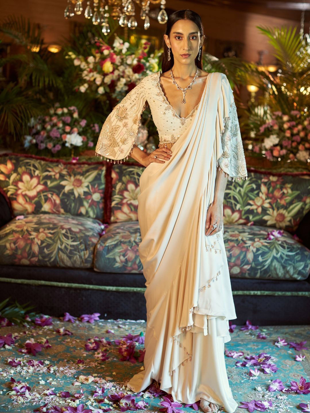 

Shreeka Beaded With Embroidered Drape Saree Set, Cream