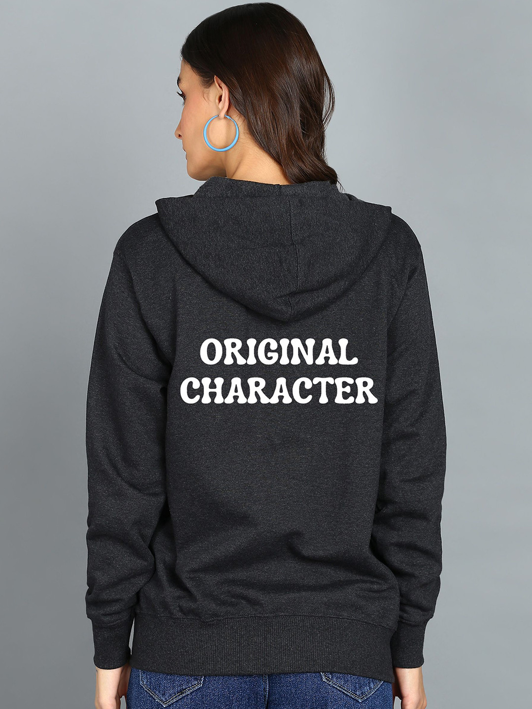 

FALTU.CO Women Typography Printed Zip Detail Hooded Sweatshirt, Charcoal
