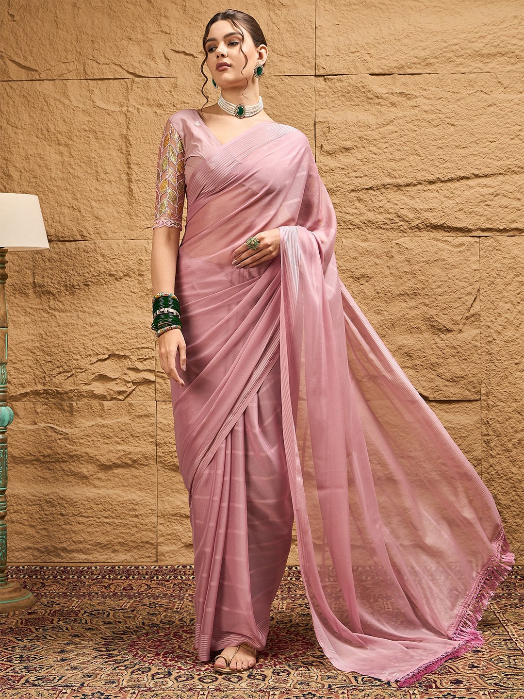 

Sangria Pure Chiffon Stripes Saree With Blouse Piece, Pink