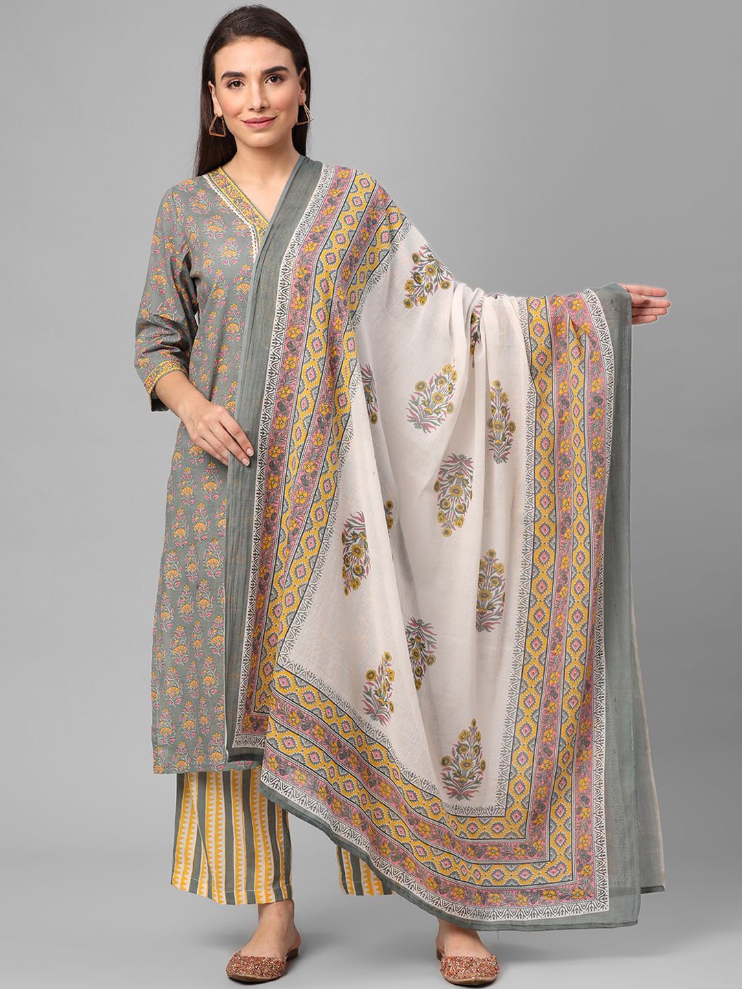 

Shree Floral Printed Pure Cotton Straight Kurta & Trousers With Dupatta, Grey