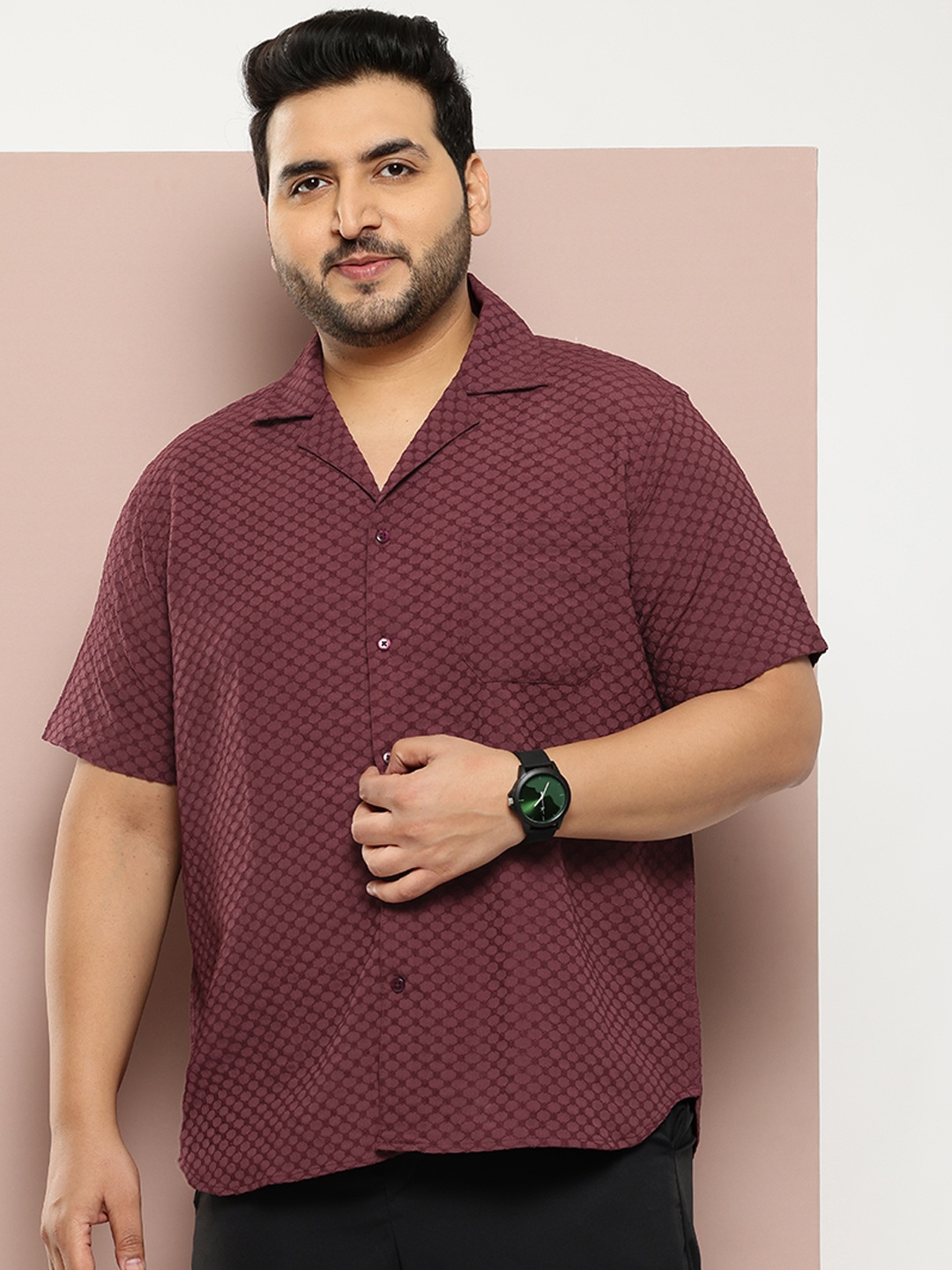 

Sztori Men Plus Size Cuban Collar Dobby Casual Shirt, Maroon
