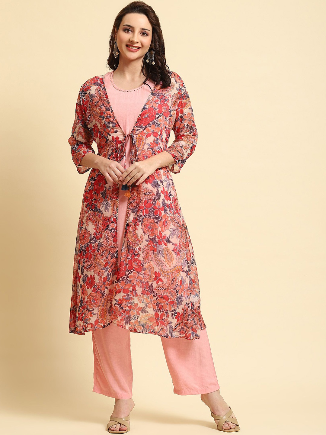 

Shree Floral Printed A Line Kurta with Trousers, Pink
