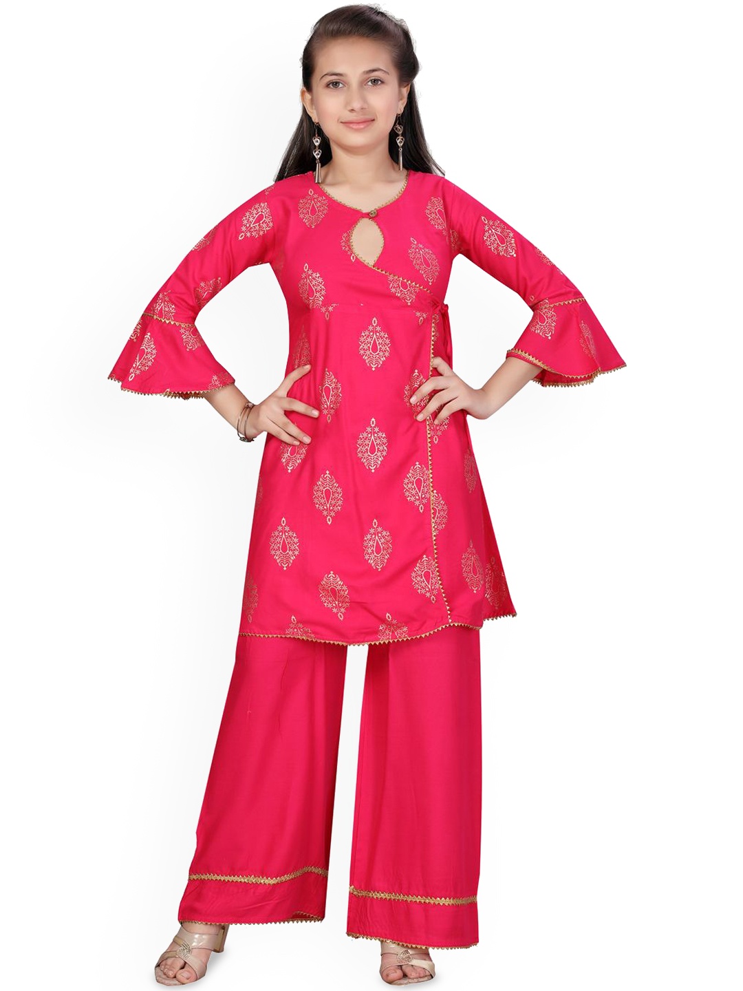 

BAESD Girls Printed Angrakha A-Line Gotta Patti Pure Cotton Kurta with Palazzos, Pink