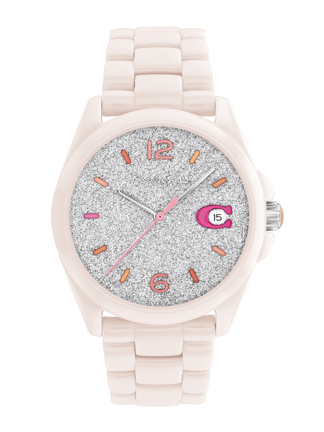 

Coach Women Greyson Embellished Dial & Ceramic Bracelet Straps Analogue Watch 14503939, Silver