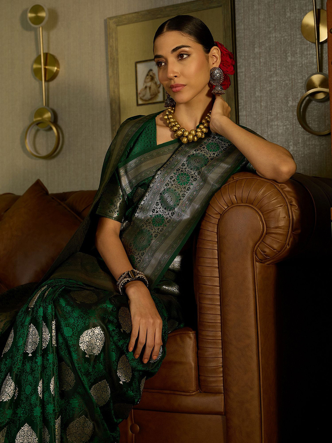 

Sangria Woven Design Banarasi Saree With Zari, Green