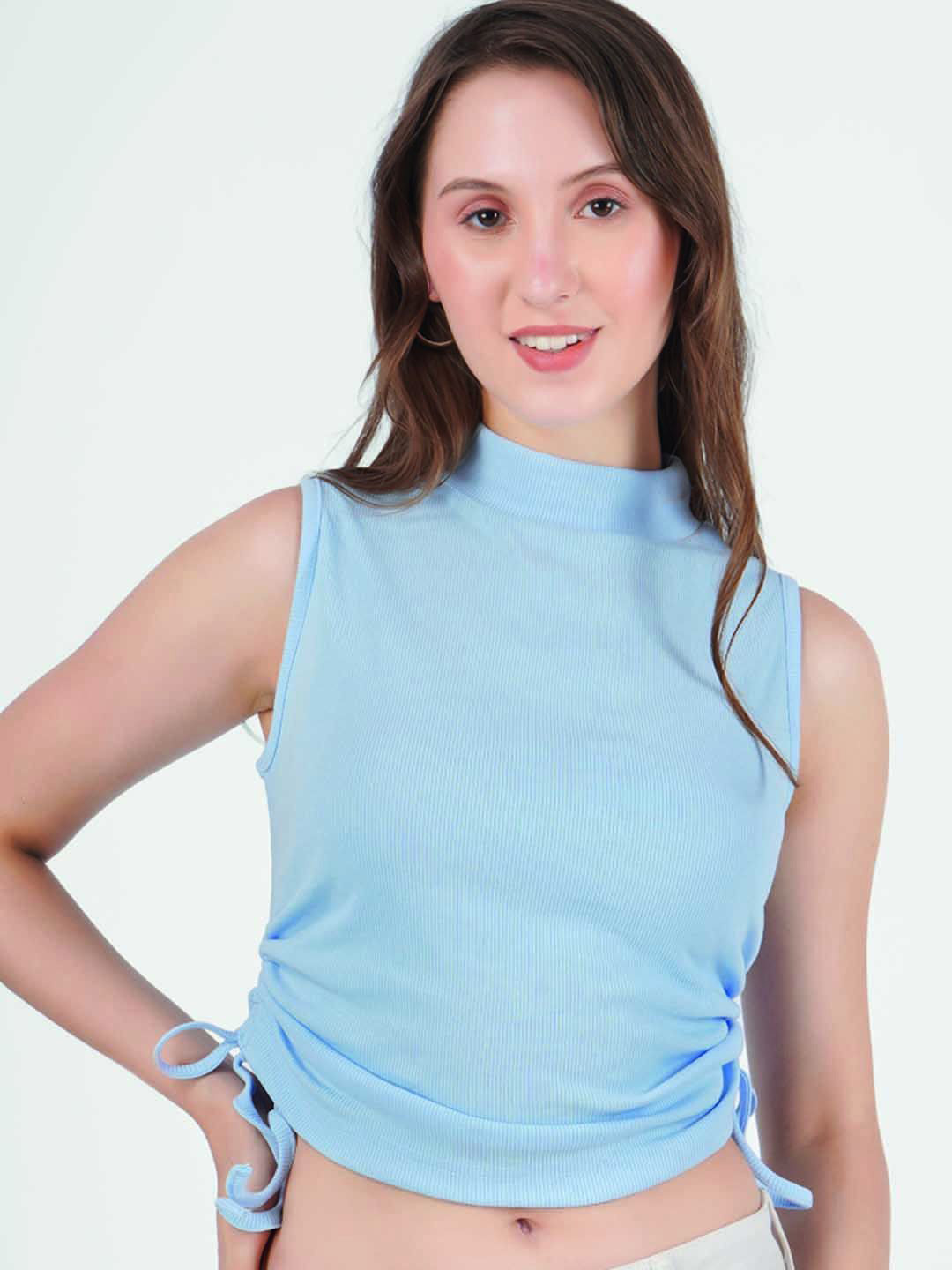 

BAESD Women Solid High Neck Cotton Top, Blue