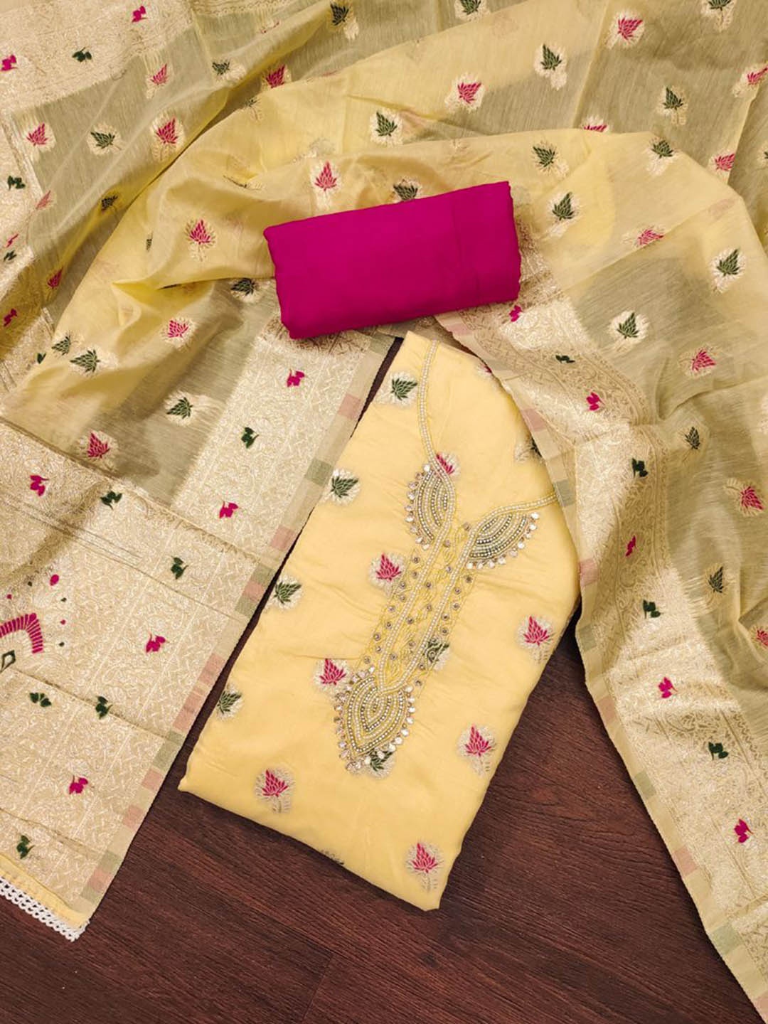 

ASISA Ethnic Motifs Woven Design Beads and Stones Unstitched Dress Material, Yellow