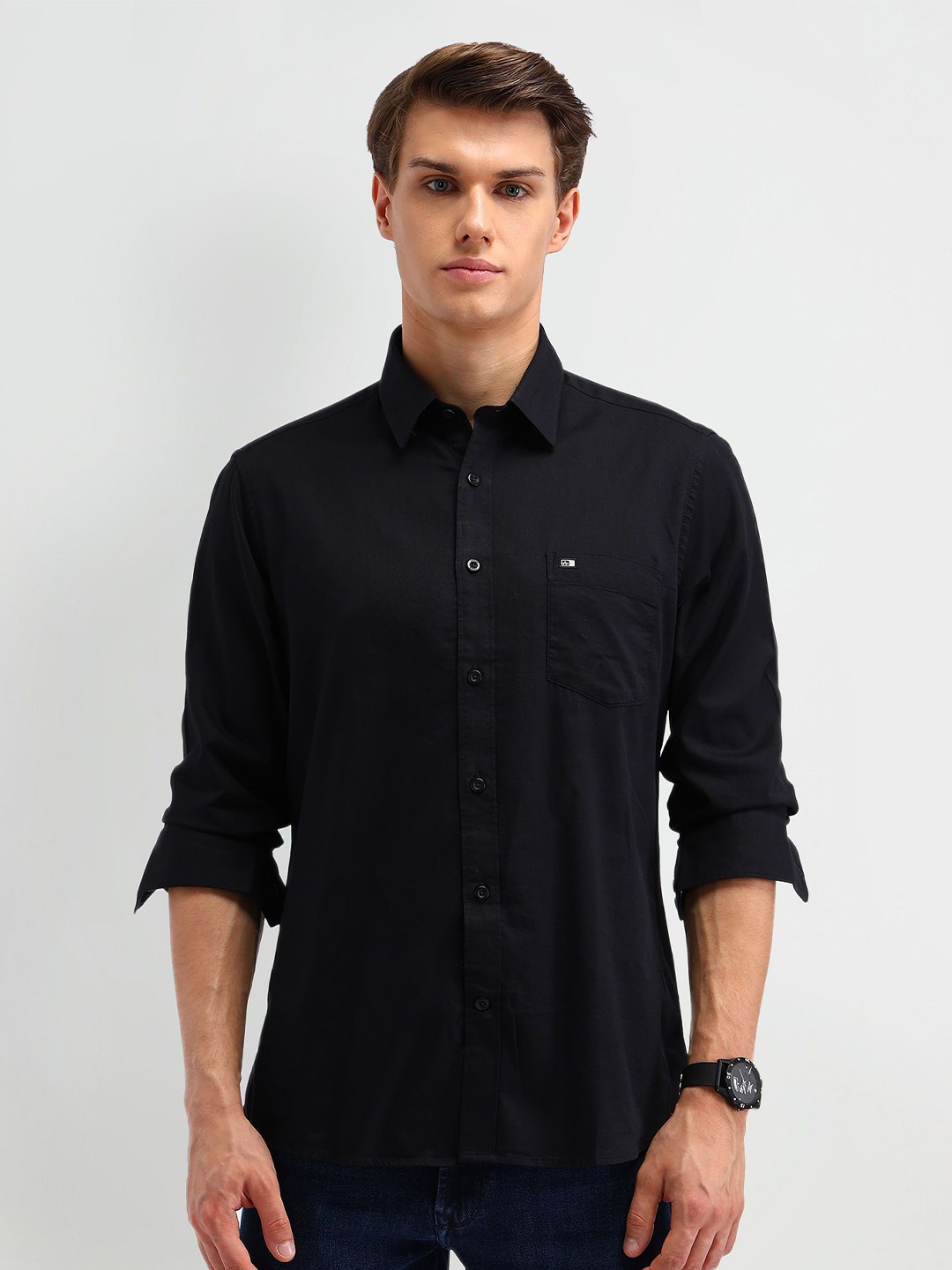 

Arrow Sport Men Classic Spread Collar Solid Cotton Tailored Fit Casual Shirt, Black