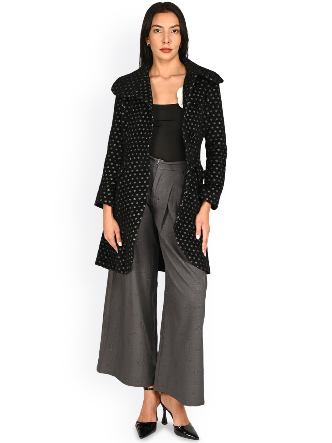 

ODETTE Women Geometric Longline Tailored Jacket with Embroidered, Black