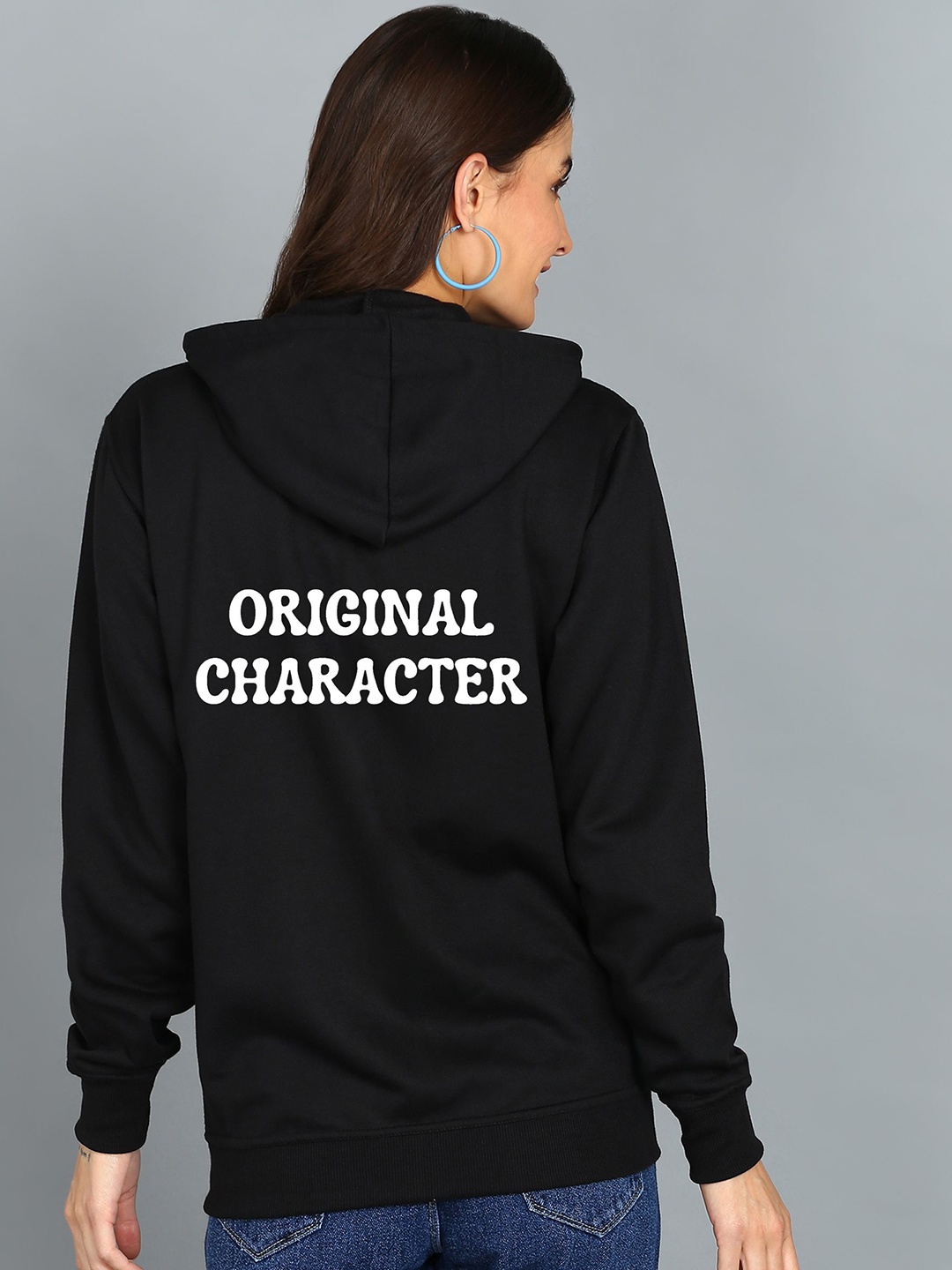 

FALTU.CO Women Printed Zip Detail Hooded Cotton Sweatshirt, Black