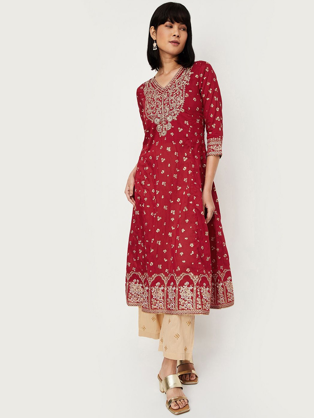 

Max x Kalki Women Foil Printed Kalidar Kurta, Red