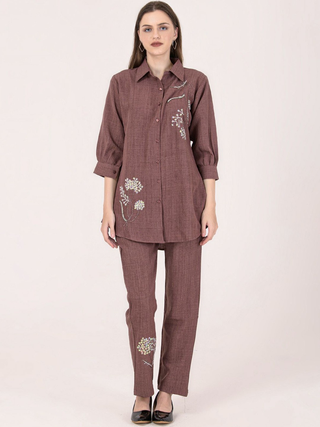 

Albion By CnM Embroidered Pure Cotton Shirt With Trouser Co-Ords, Brown