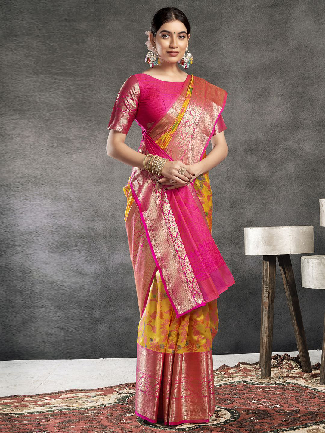

all about you Woven Design Zari Pure Silk Banarasi Saree, Pink