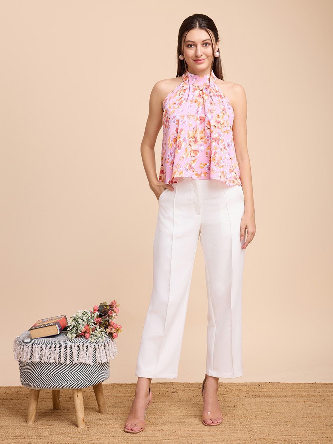 

BAESD Women Floral Printed Mandarin Collar Top, Pink