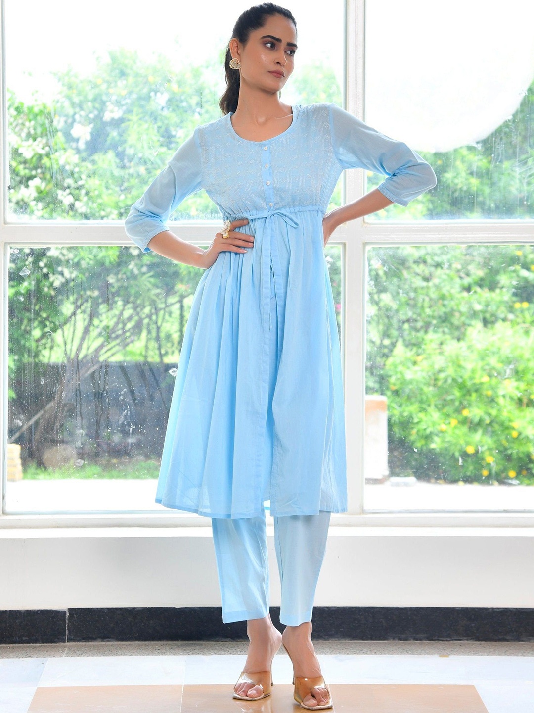 

Thread & Button Thread Work Pure Cotton Tunic & Trousers, Blue