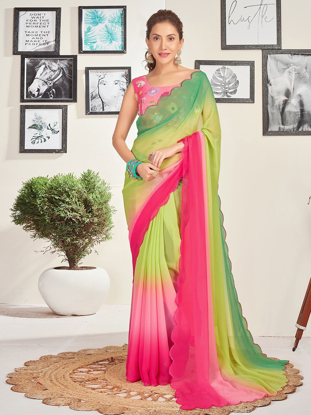 

all about you Colourblocked Pure Georgette Saree, Green