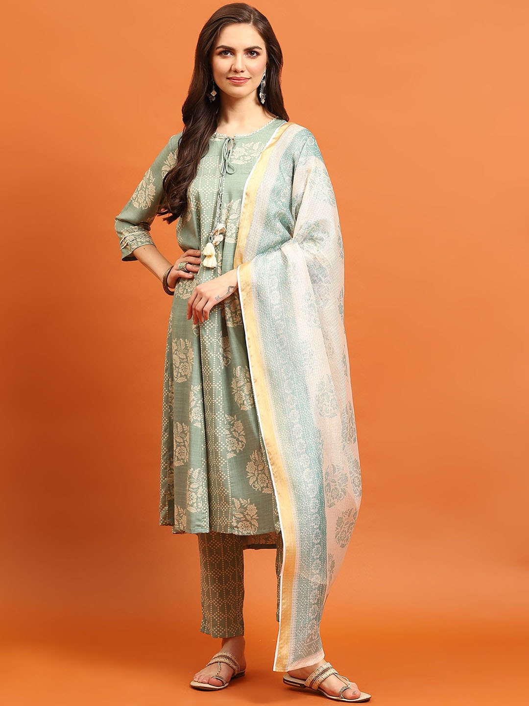 

Shree Ethnic Motifs Printed Tie-Up Neck A-Line Kurta with Trousers & Dupatta, Sea green