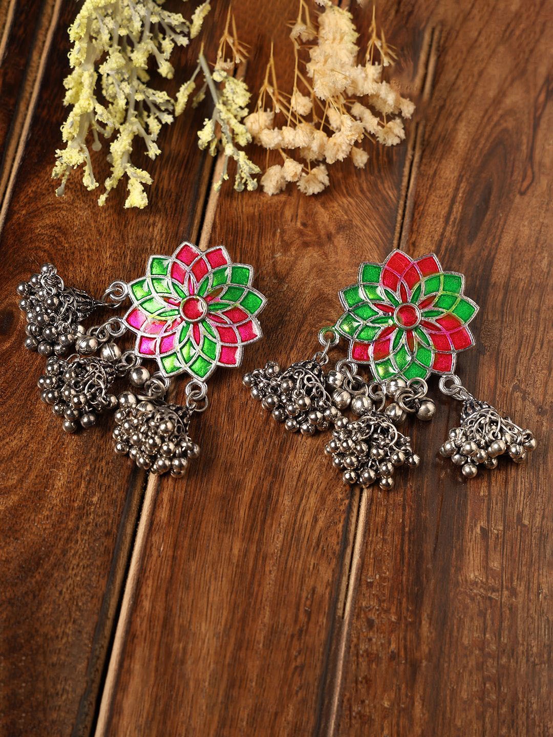 

VENI 92.5 Silver-Plated Oxidised Floral Shaped Drop Earrings