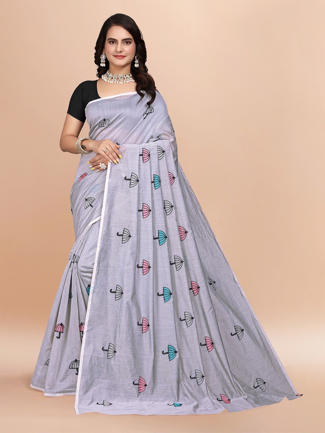 

APNISHA Embroidered Pure Cotton Chanderi Saree, Grey