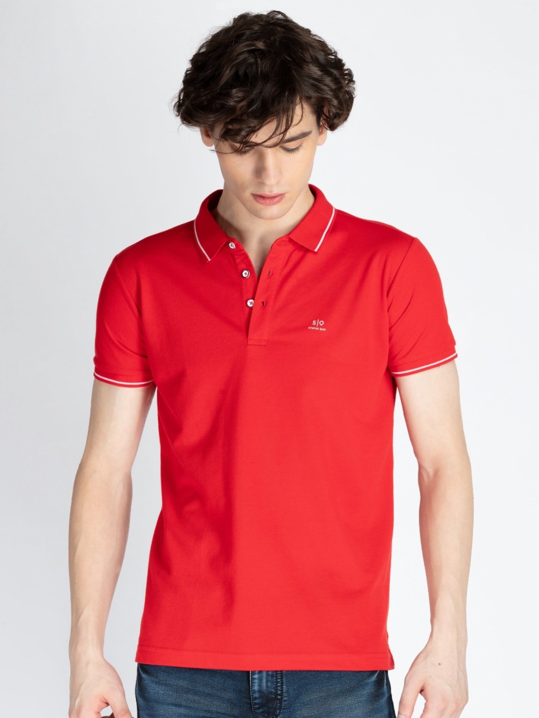 

Status Quo Men Solid Polo Collar Cotton T-shirt, Red