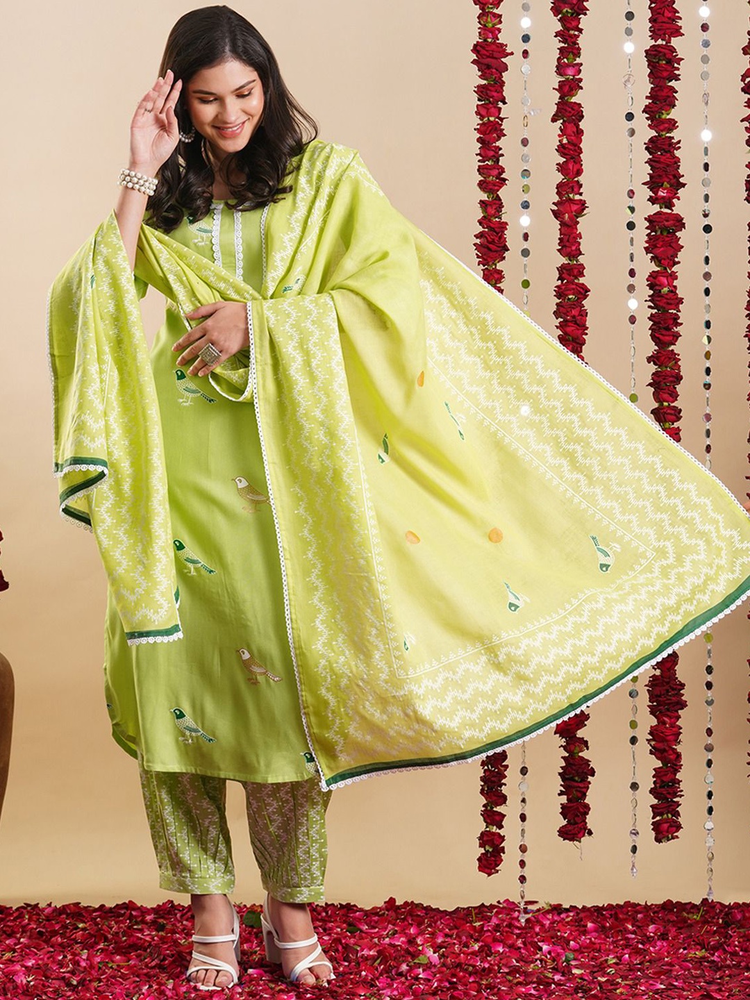 

Anni Designer Chevron Printed Regular Viscose Rayon Kurta With Harem Pants With Dupatta, Green