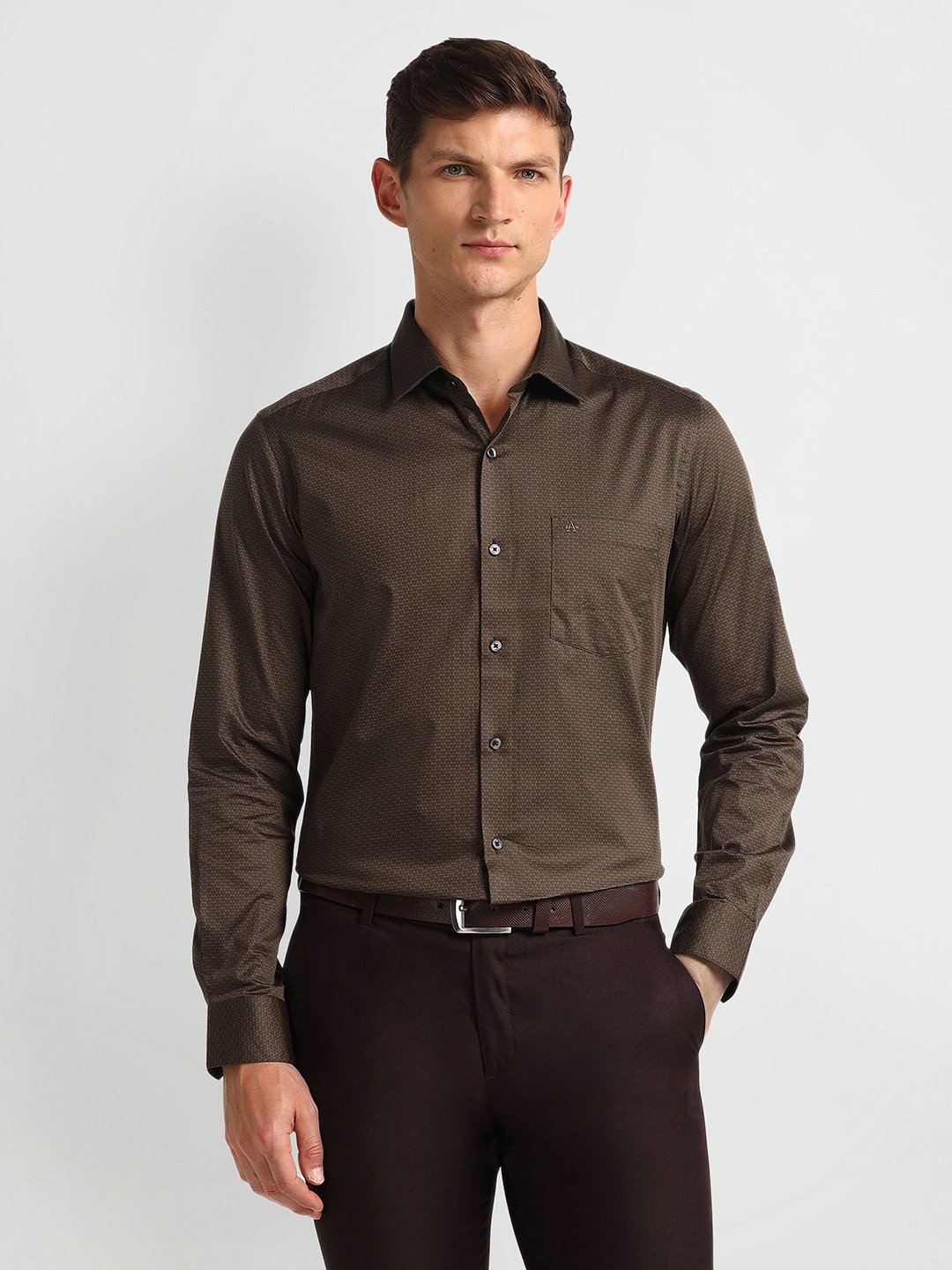 

Arrow Men Modern Spread Collar Micro Ditsy Printed Cotton Slim Fit Formal Shirt, Brown