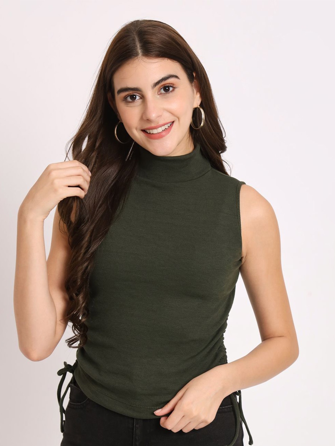 

BAESD Women Solid High Neck Cotton Top, Olive