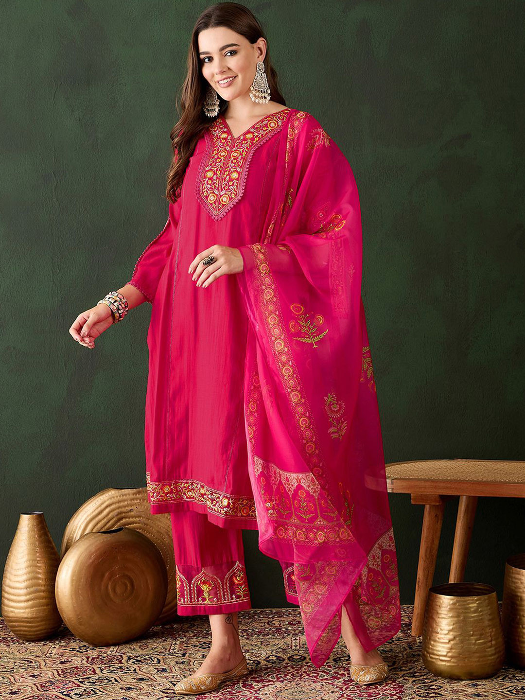 

Sangria Floral Embroidered Thread Work Kurta with Trousers & Dupatta, Magenta