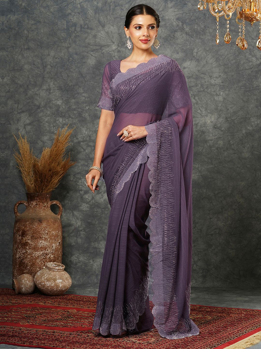 

Satrani Embellished Beads and Stones Pure Georgette Saree, Purple