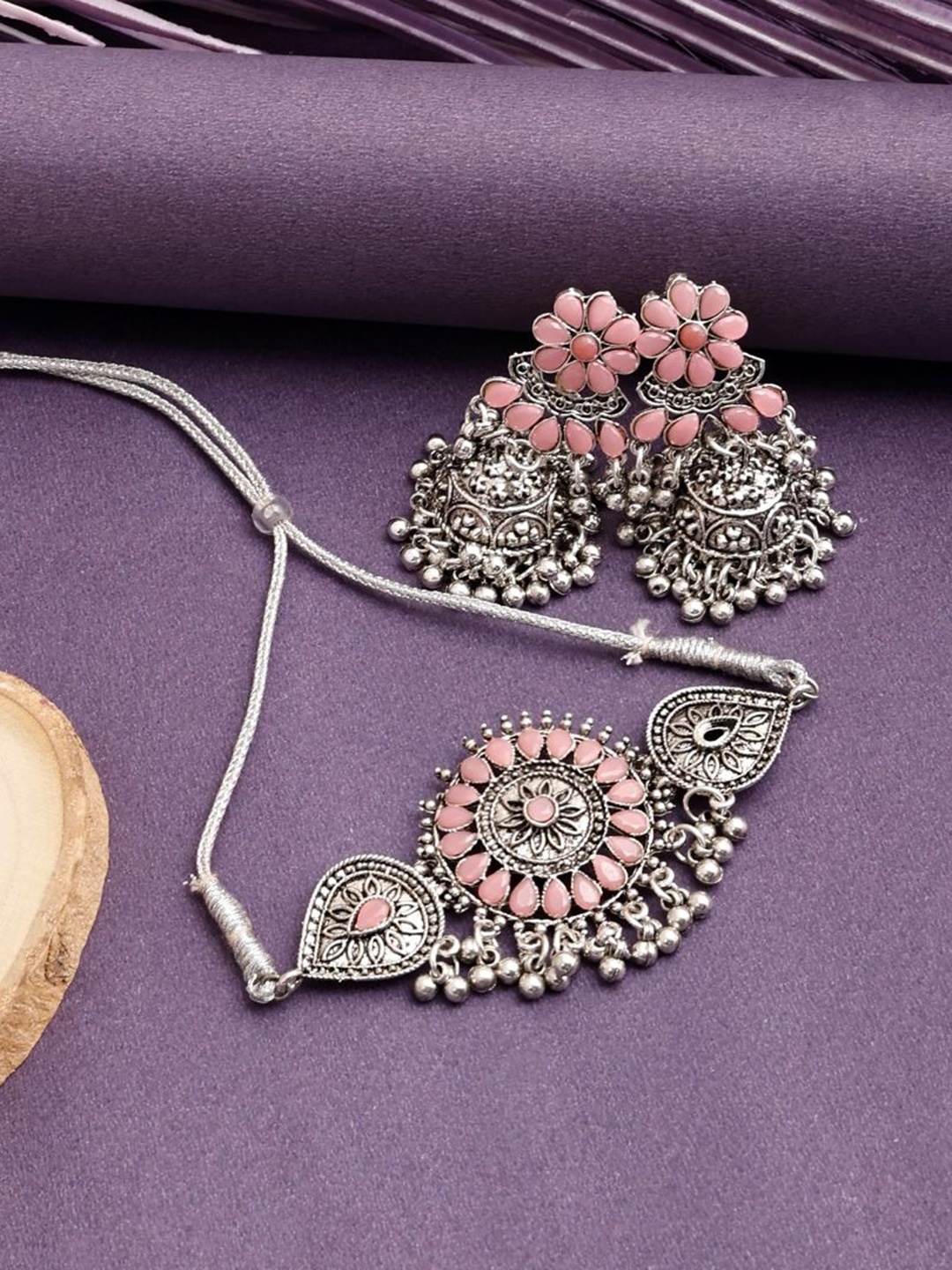 

SUNHARI Silver-Plated Stone Studded & Beaded Oxidised Jewellery Set