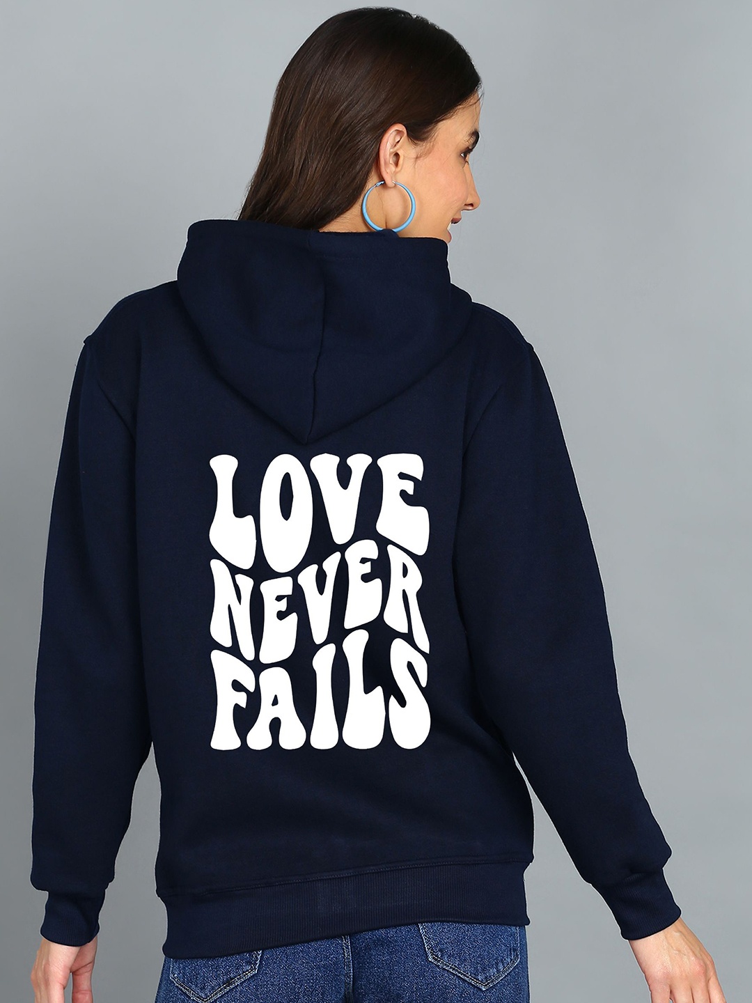 

FALTU.CO Women Typography Printed Hooded Ribbed Cotton Sweatshirt, Navy blue