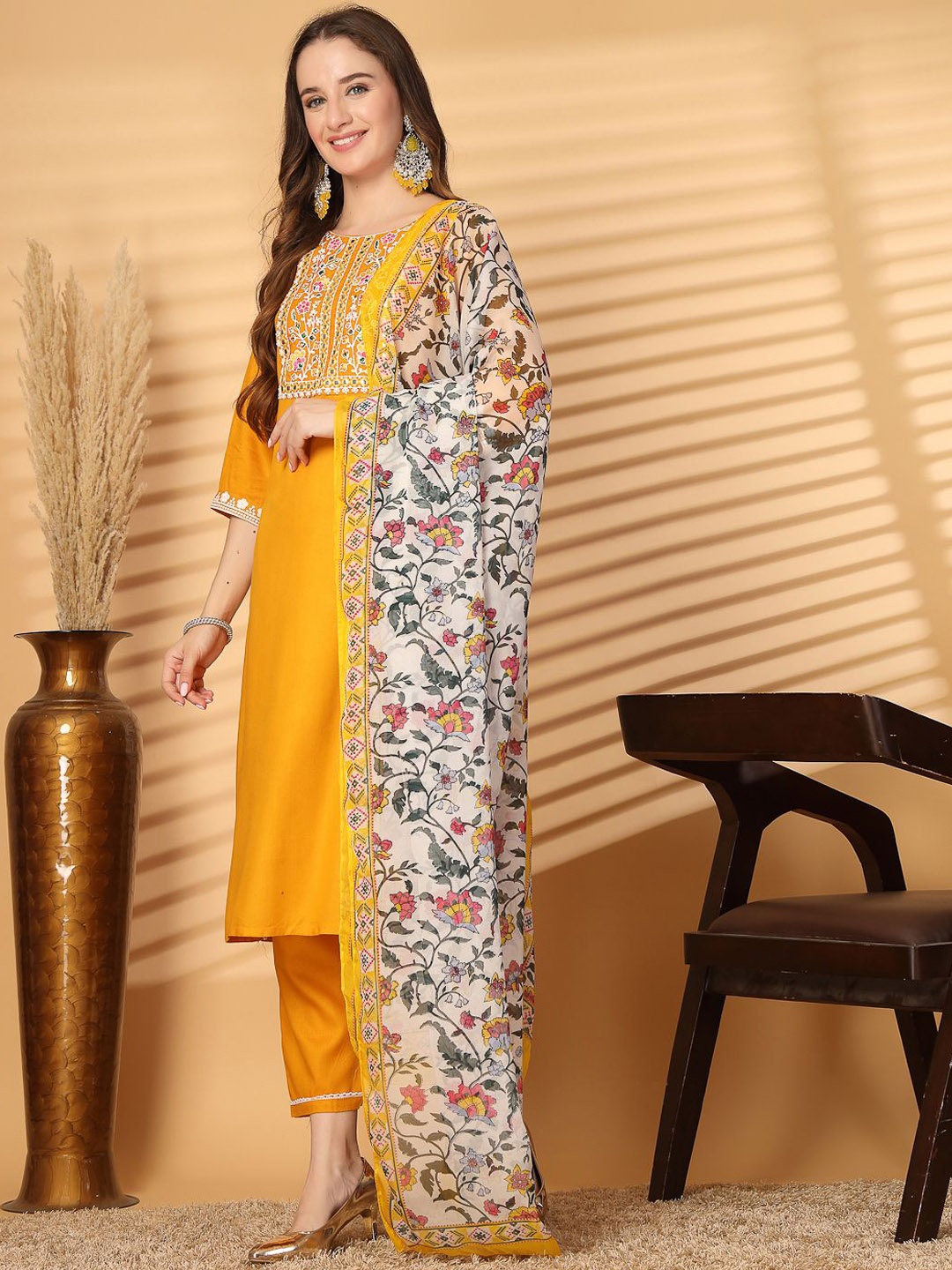 

Piludi Floral Yoke Design Mirror Work Straight Kurta with Trousers & Dupatta, Yellow