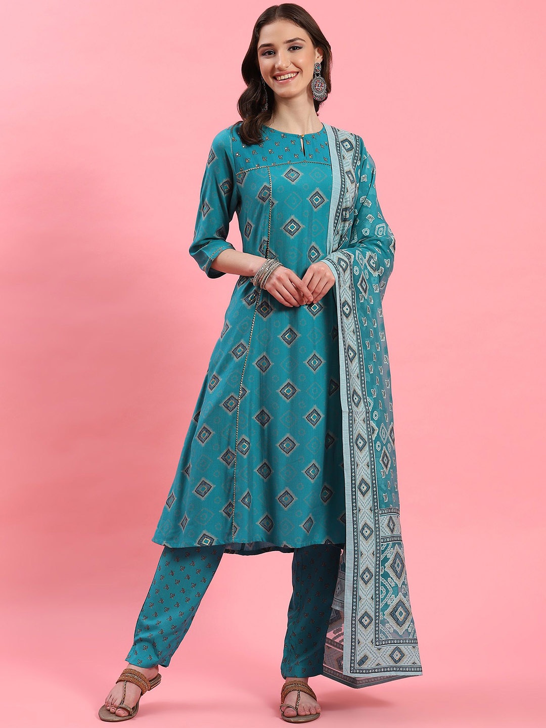 

Shree Geometric Printed Liva Straight Kurta & Trousers With Dupatta, Teal