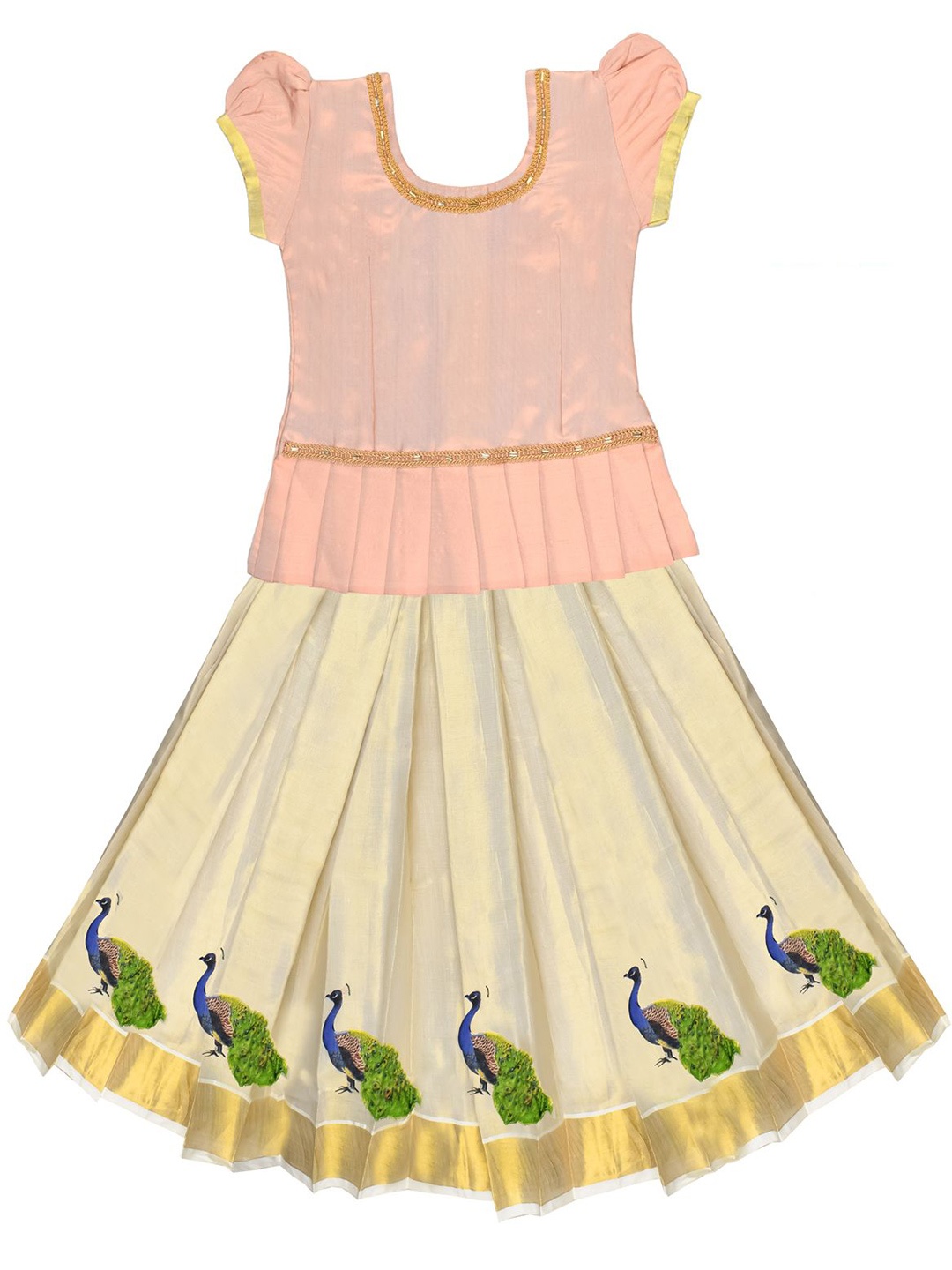 

AMIRTHA FASHION Girls Embellished Khari Print Ready to Wear Lehenga Set, Peach