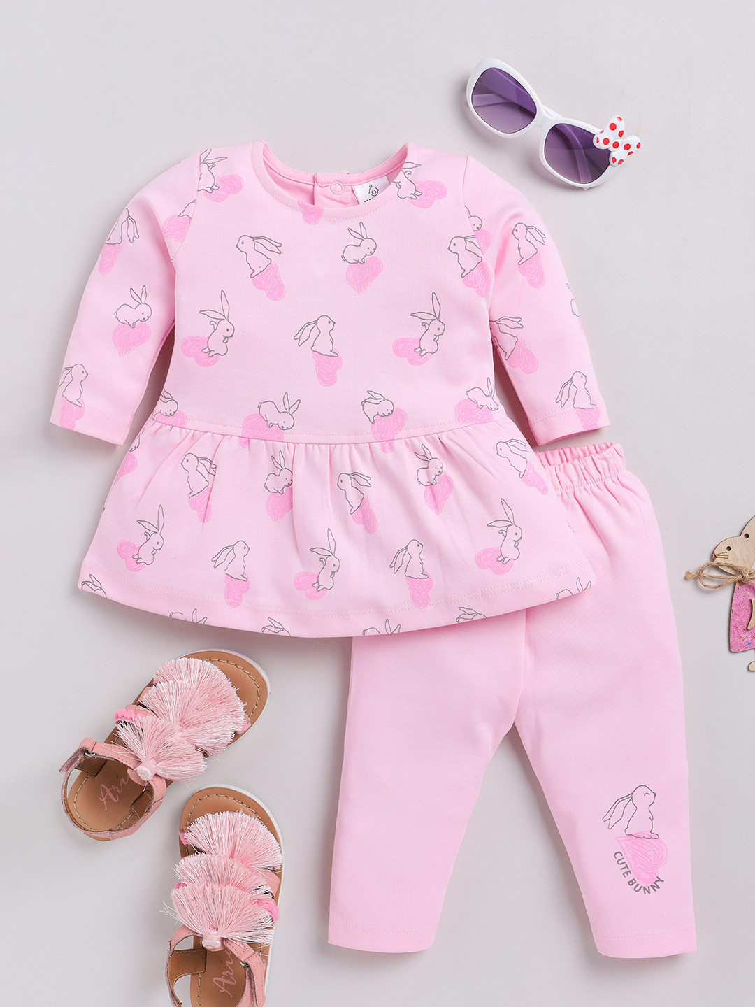 

YK X Tinyo Infant Girls Printed Pure Cotton Top with Pyjamas, Pink