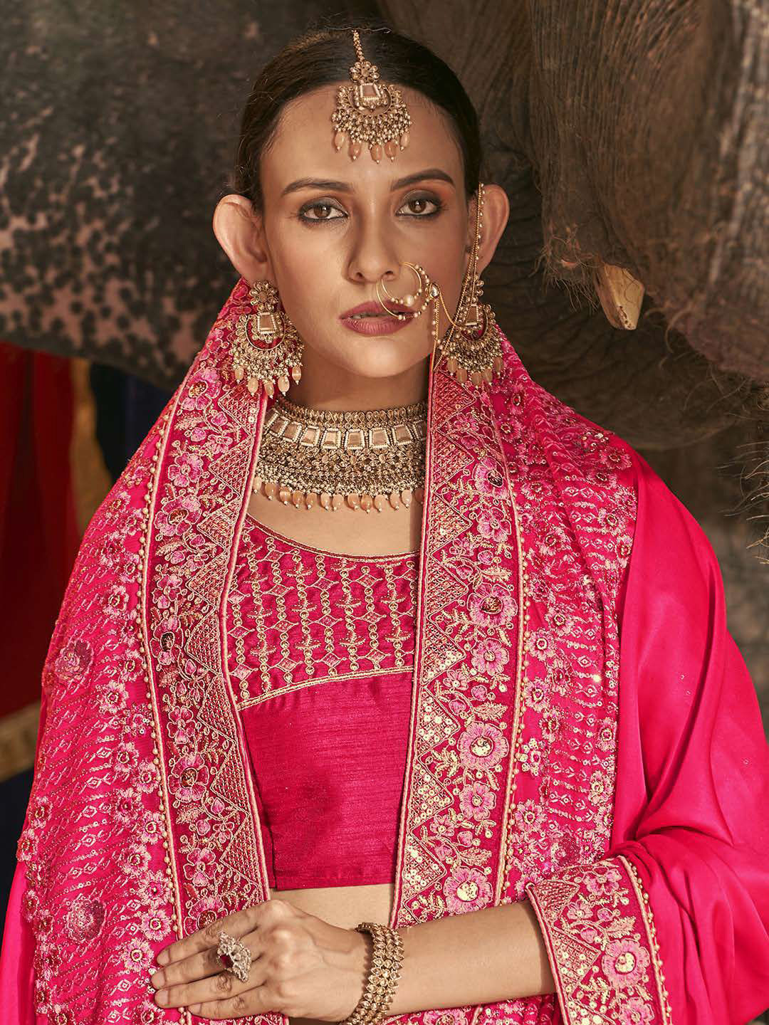 

Mitera Ethnic Motifs Sequinned Satin Lehenga Saree, Pink