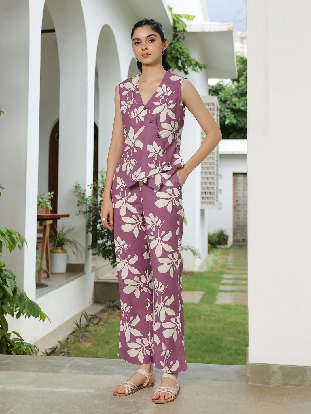

JISORA Purple Floral Printed V-Neck Pure Cotton Top & Trousers