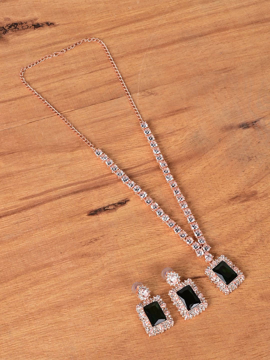 

Keviv Rose Gold-Plated American Diamond Studded Necklace With Earrings, Green