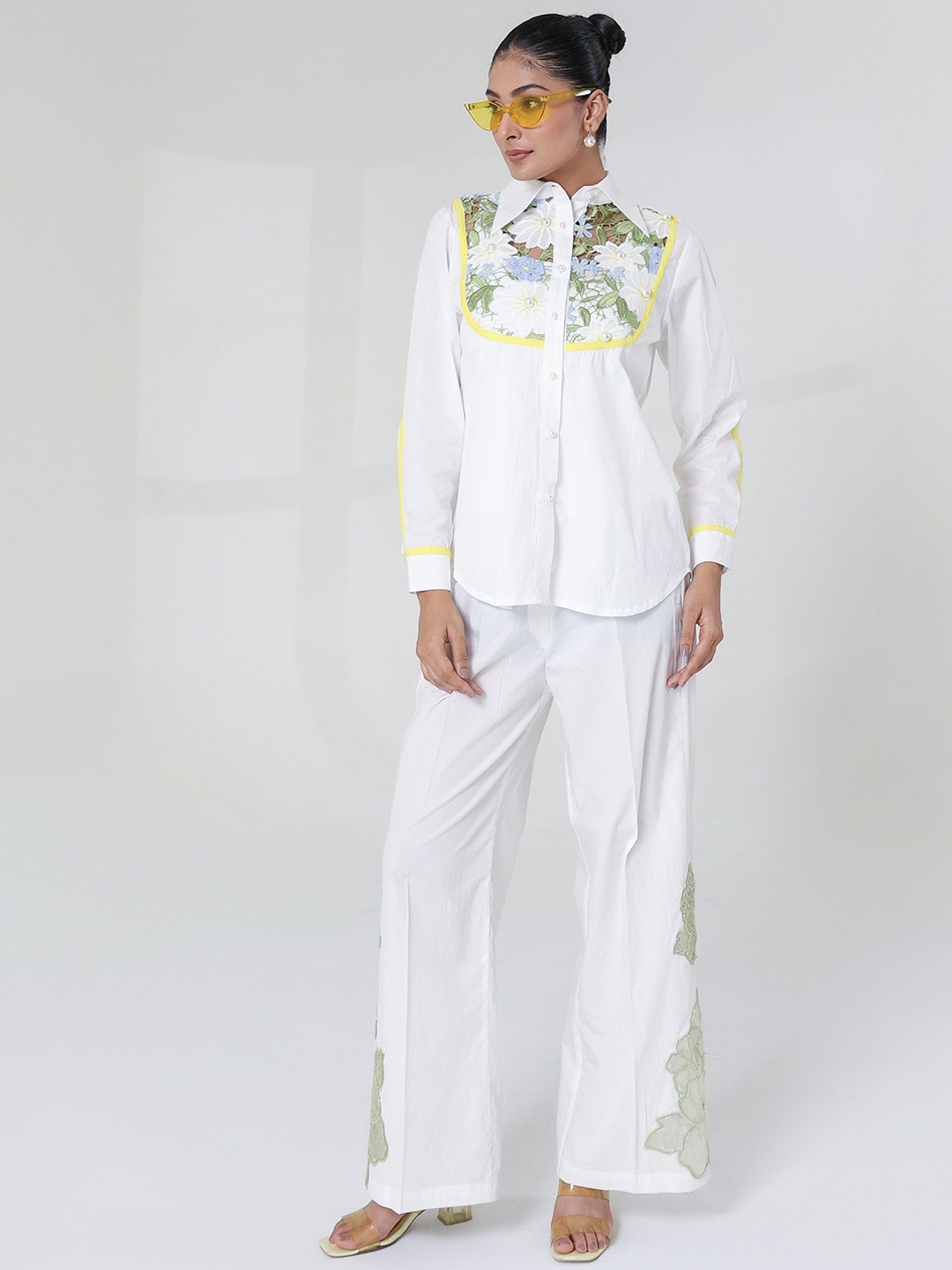 

MQ Marquino Embellished Pure Cotton Shirt With Trouser, White