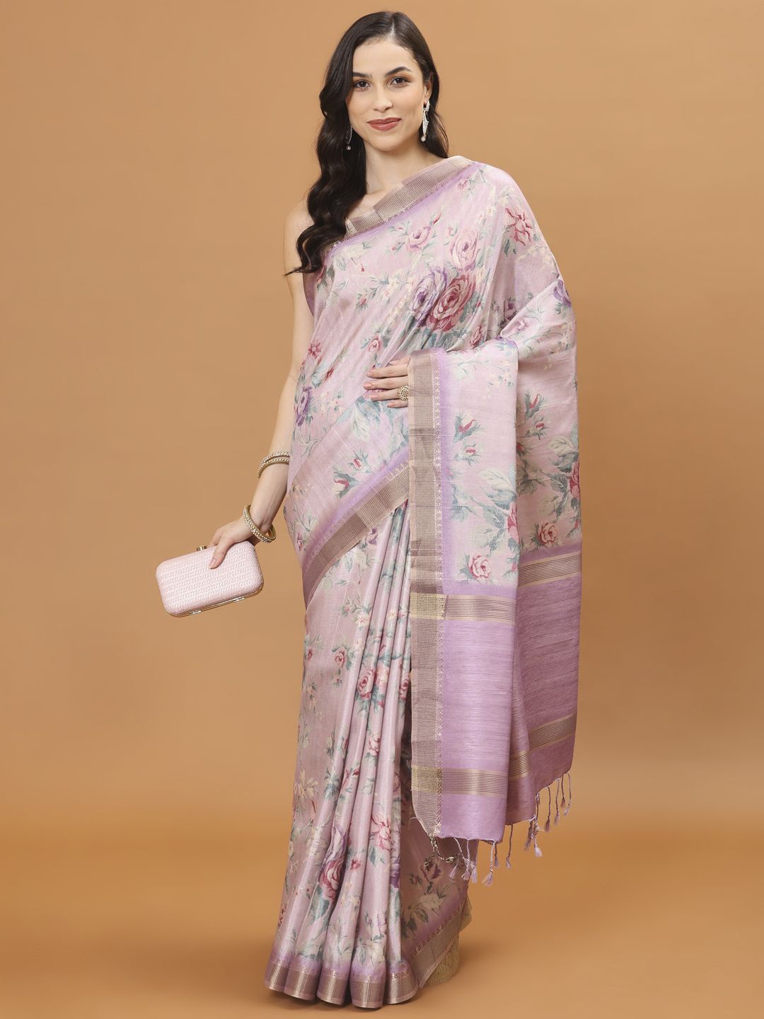 

Meena Bazaar Floral Zari Art Silk Purple Printed Tussar Saree