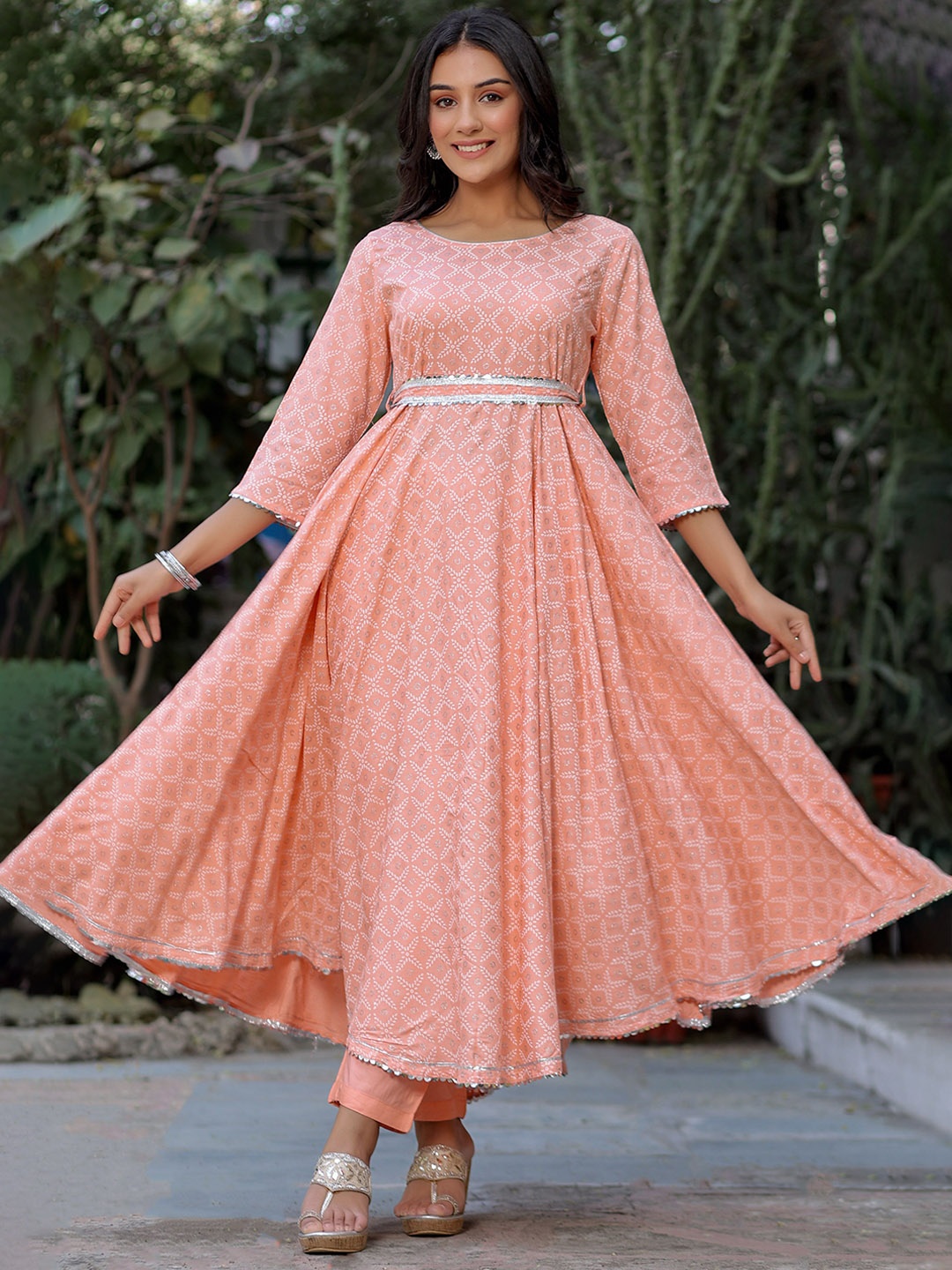 

HERE&NOW Peach Coloured Ethnic Motifs Printed Anarkali Kurta with Palazzo