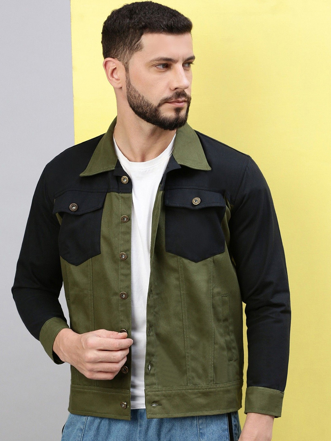 

VOXATI Men Colourblocked Denim Jacket, Black