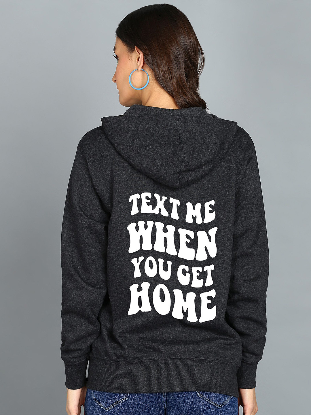 

FALTU.CO Women Typography Printed Hooded Ribbed Cotton Sweatshirt, Charcoal